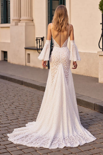 Ivory Lace Mermaid Boho Sweep Train Wedding Dress with Sleeves